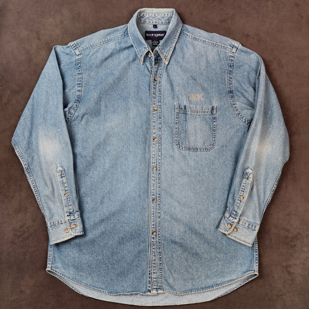 Vintage‎ Swingster IBM Denim Shirt Mens LT Large Tall Button Up Long Sleeve